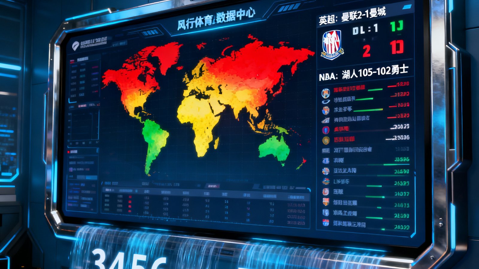 风行体育数据中心实时监控大屏显示全球赛事热力图与即时比分，数字瀑布流滚动更新，背景科技感