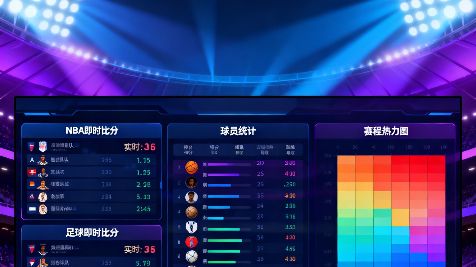 风行体育赛事数据大屏展示NBA与足球即时比分、球员统计和赛程热力图，背景为炫酷的体育场灯光